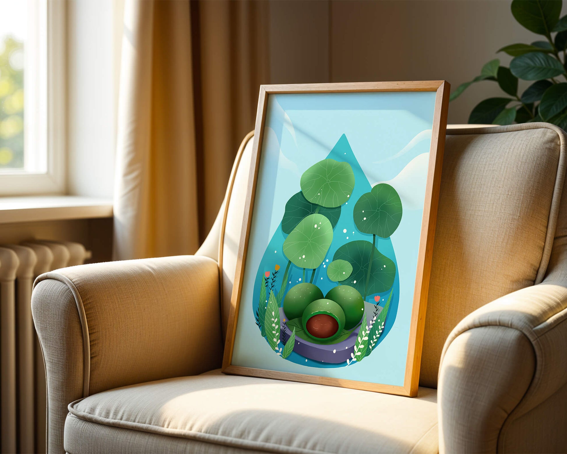 Nature-inspired abstract illustration with leaves and spheres