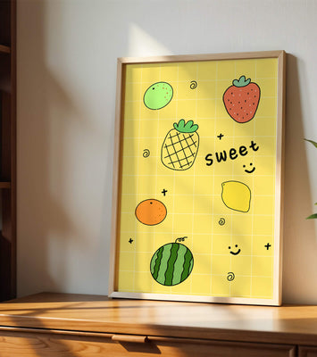 Playful fruit pattern on yellow grid background