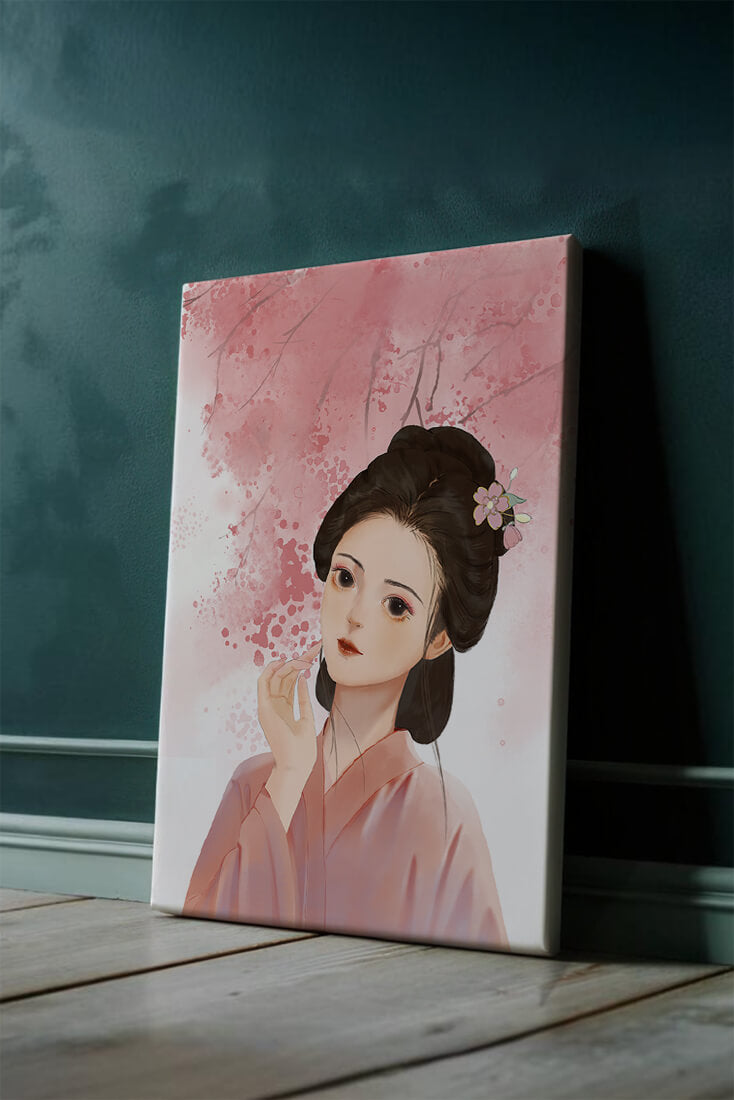 Traditional Japanese woman with pink cherry blossoms in the background