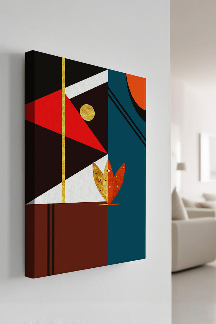 Geometrische abstrakte Kunst mit Gold und kräftigen Formen