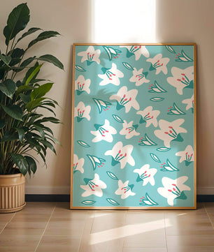 Motif floral avec des lys blancs sur un fond turquoise