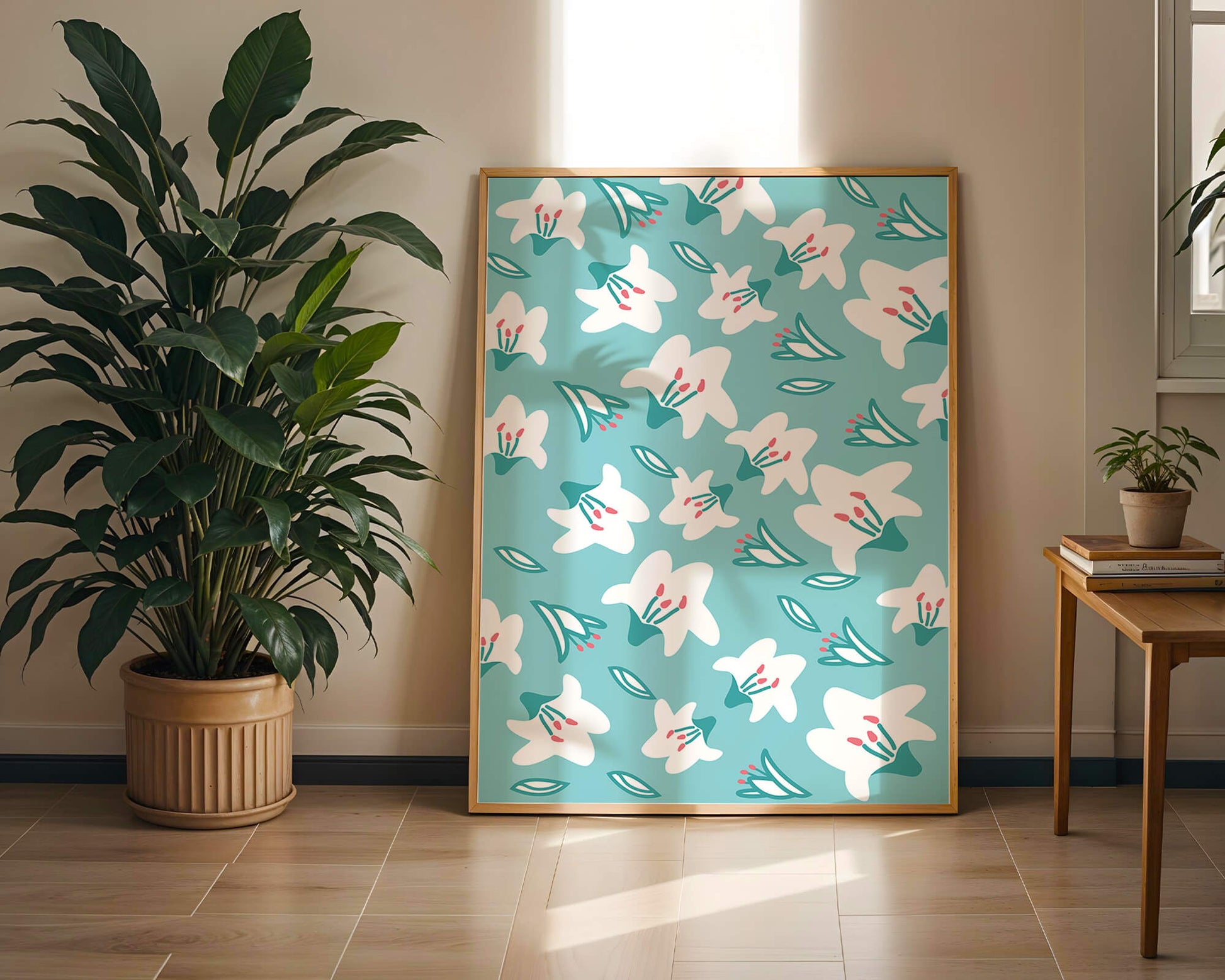 Floral pattern with white lilies on a turquoise background