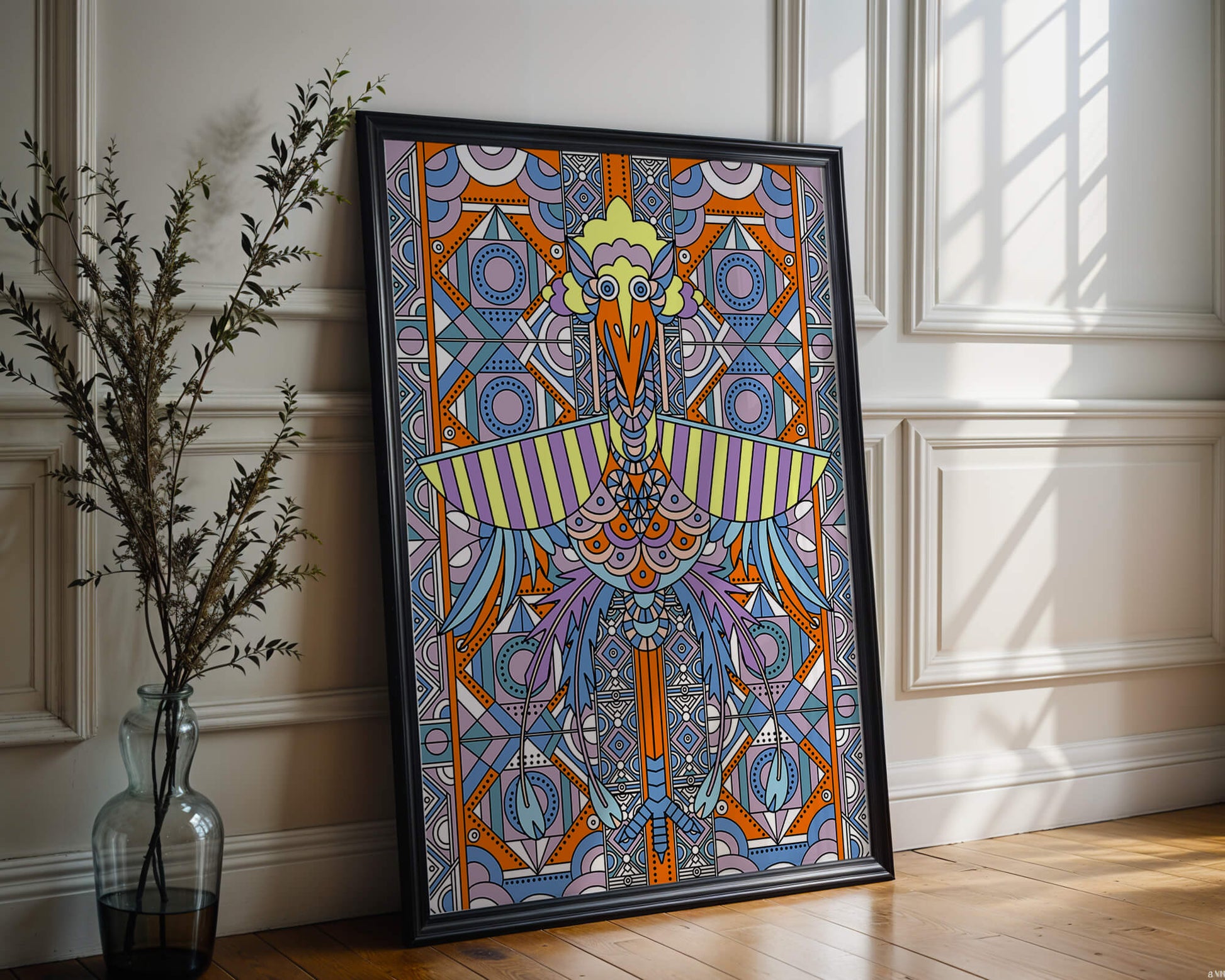 Oiseau géométrique coloré avec motifs détaillés