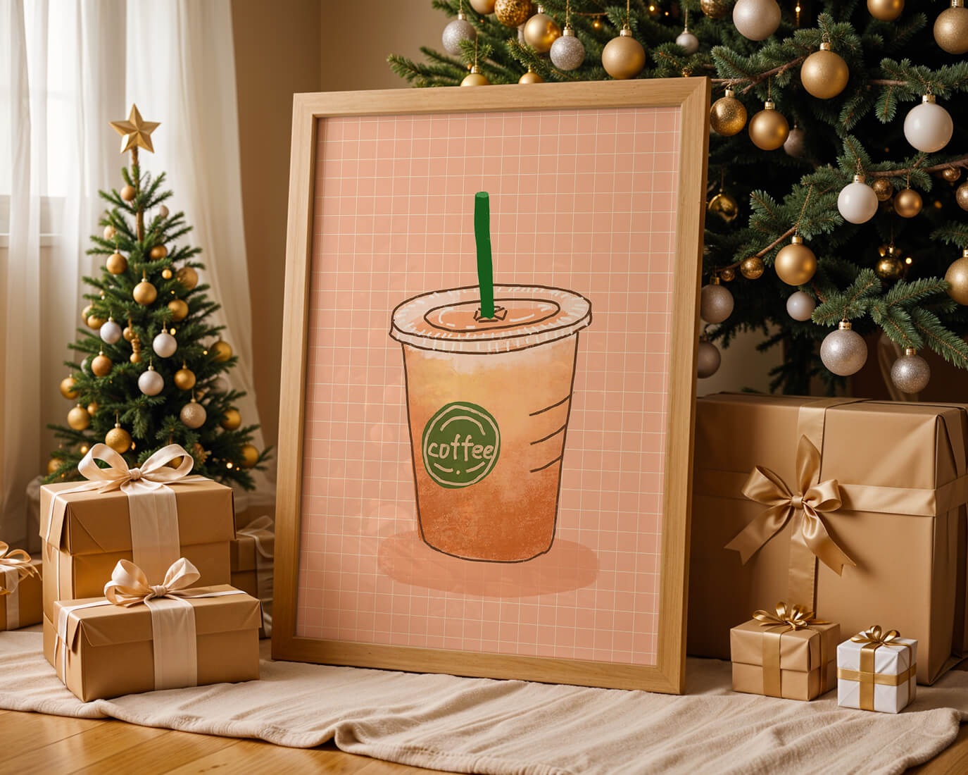 Illustrated iced coffee cup on peach grid background