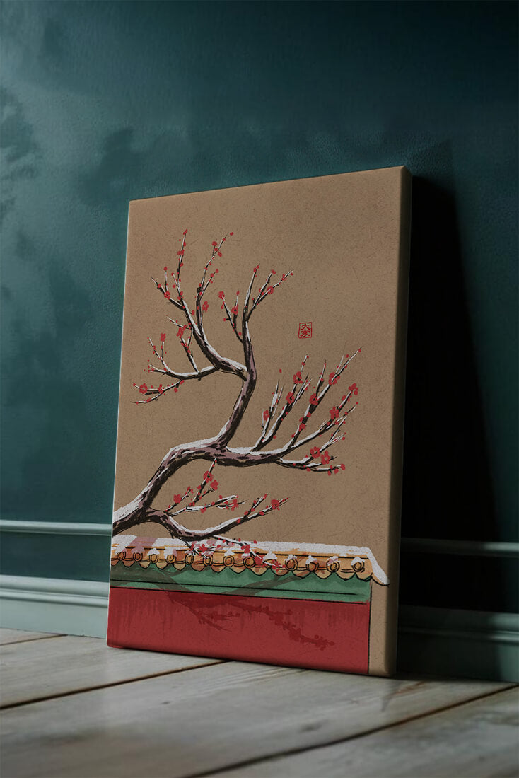 Illustration of blooming plum branch over traditional rooftop
