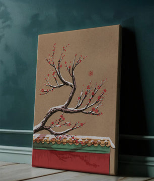 Illustration of blooming plum branch over traditional rooftop