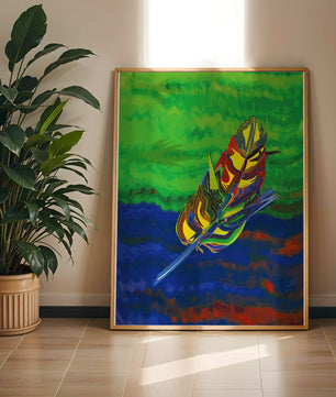 Abstract colorful feather on vibrant background