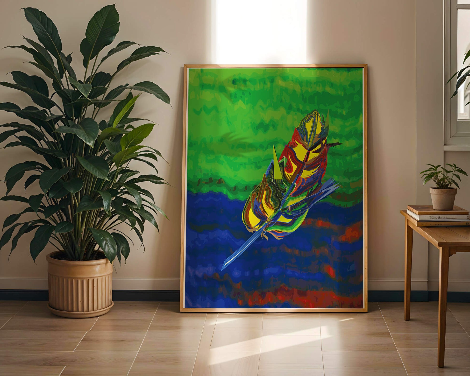 Abstract colorful feather on vibrant background