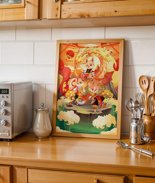 Fantastical scene with anthropomorphic animals and a dragon in a vibrant setting