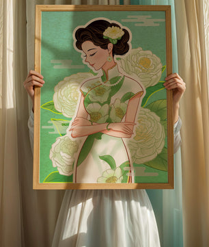 Mujer elegante en vestido tradicional floral con expresión serena