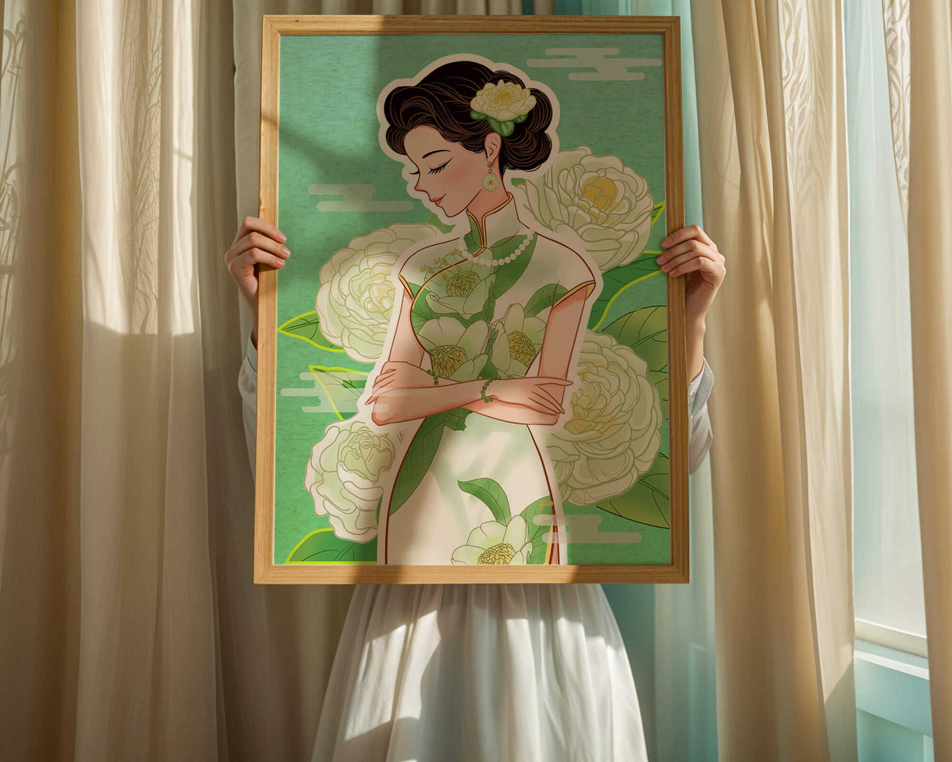 Mujer elegante en vestido tradicional floral con expresión serena