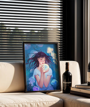Enchanted underwater scene with girl and glowing jellyfish