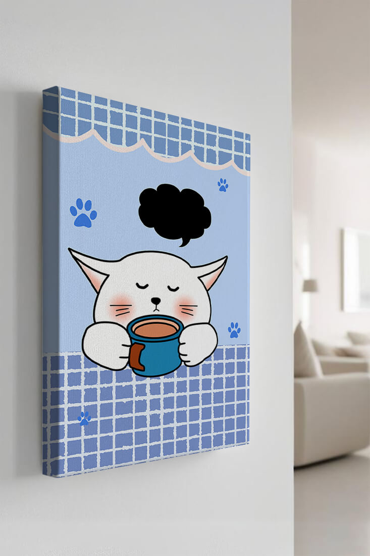 Cute cartoon cat with mug and speech bubble on blue background