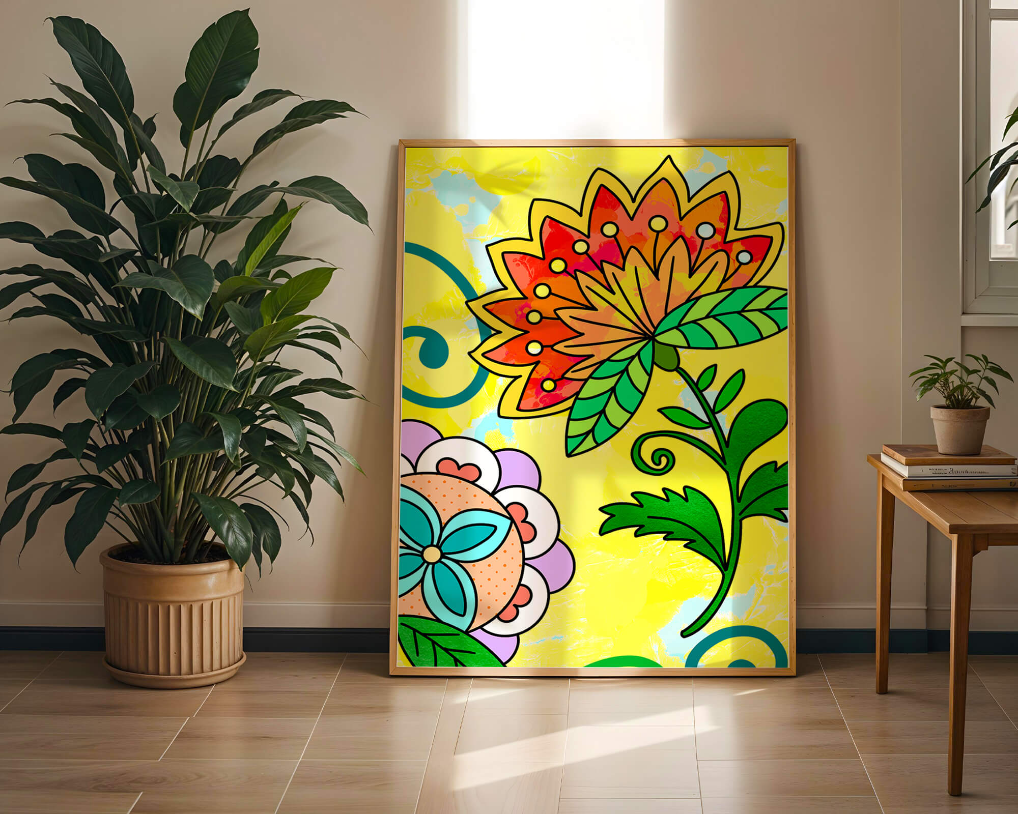 Colorful abstract floral illustration with bright yellow background