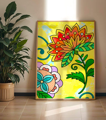 Colorful abstract floral illustration with bright yellow background