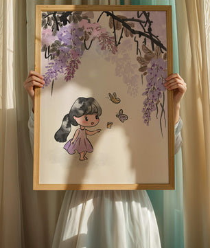 Charmante Illustration eines kleinen Mädchens mit Schmetterlingen und Glyzinienblüten