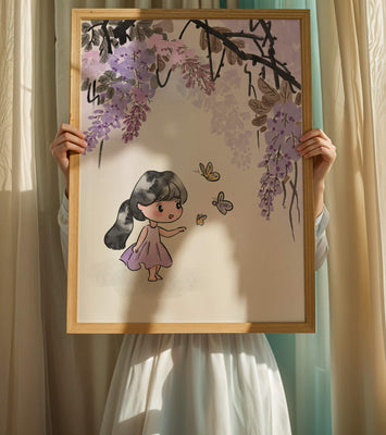 Charming illustration of a little girl with butterflies and wisteria flowers