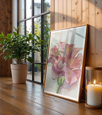 Beautiful pink flower painting with golden accents