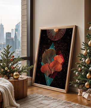 Traducción al español: Ilustración floral cósmica abstracta con elementos geométricos y acentos dorados