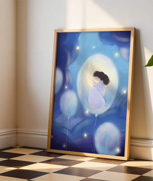 Dreamlike night sky with a girl on a moon enveloped by stars and balloons