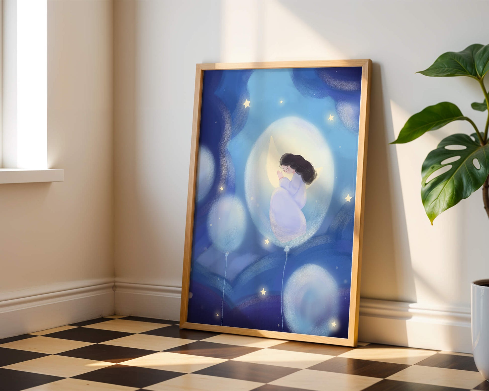 Dreamlike night sky with a girl on a moon enveloped by stars and balloons