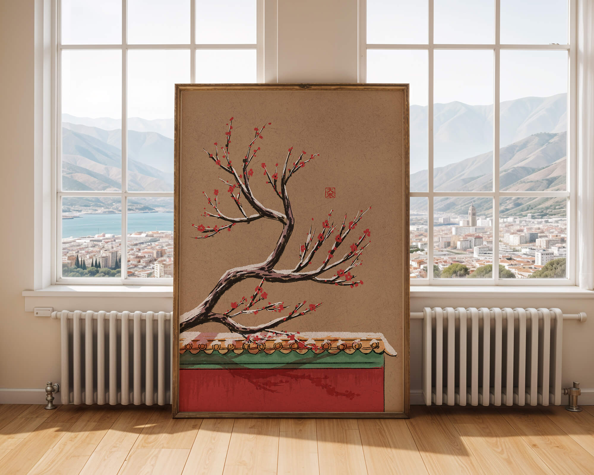 Illustration of blooming plum branch over traditional rooftop