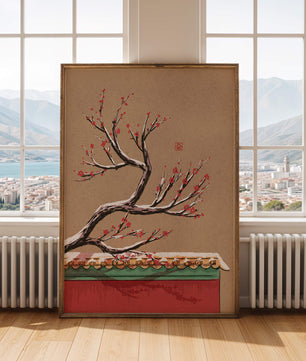 Illustration of blooming plum branch over traditional rooftop