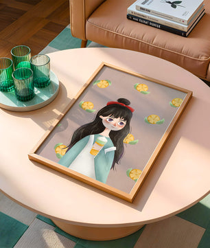 Illustration of a girl with a beverage surrounded by citrus slices