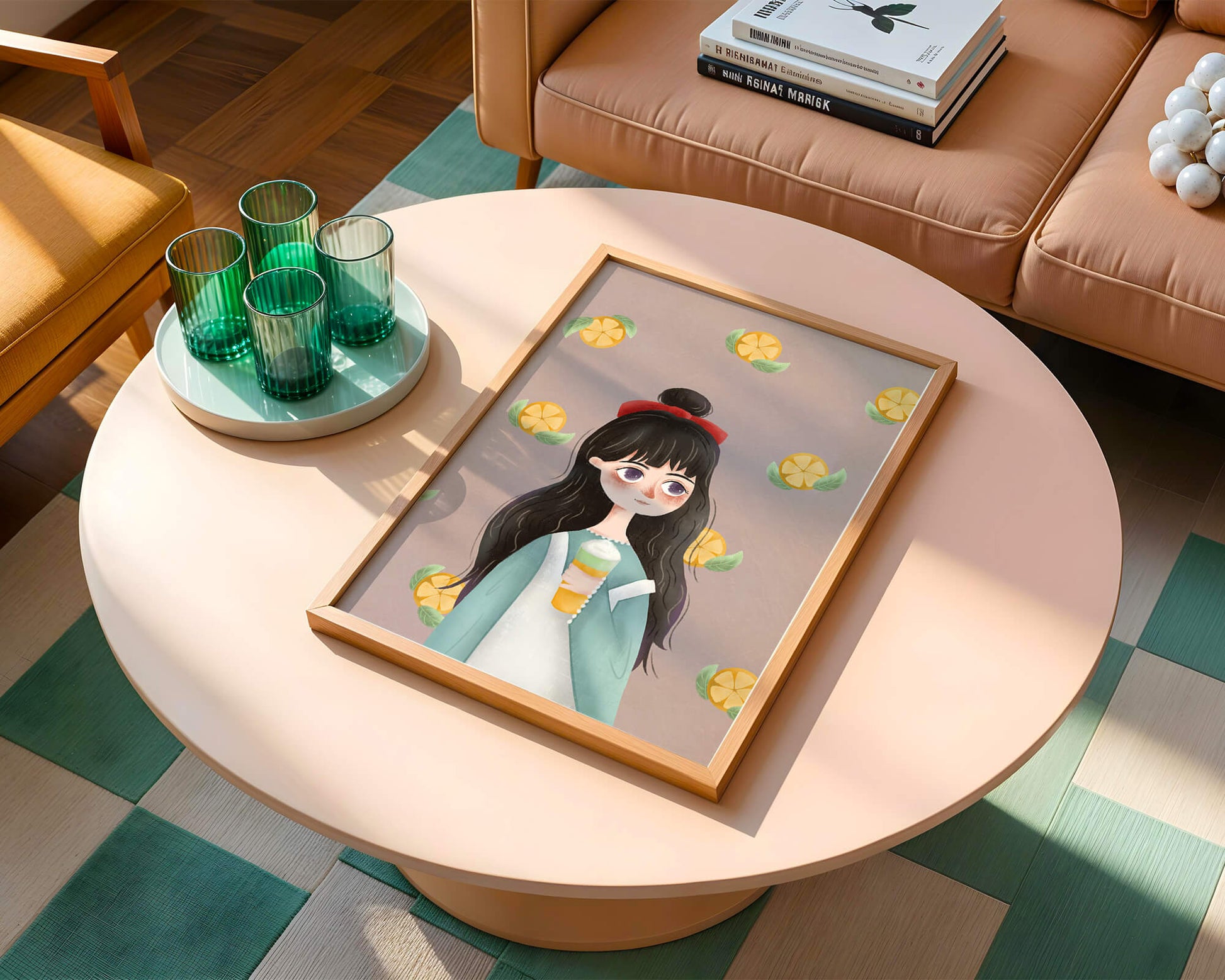 Illustration of a girl with a beverage surrounded by citrus slices