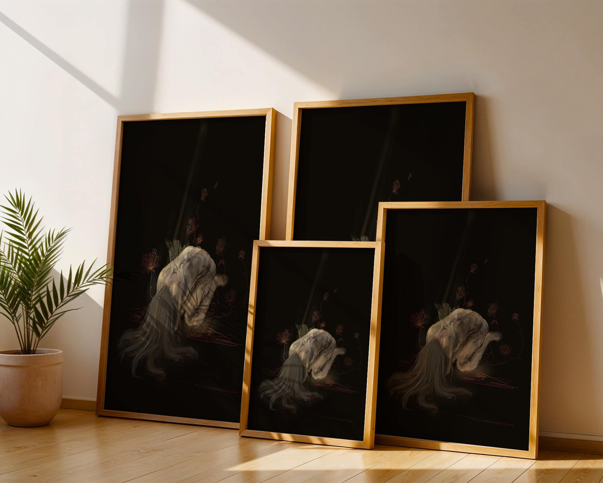 Abstract depiction of a figure surrounded by floral elements