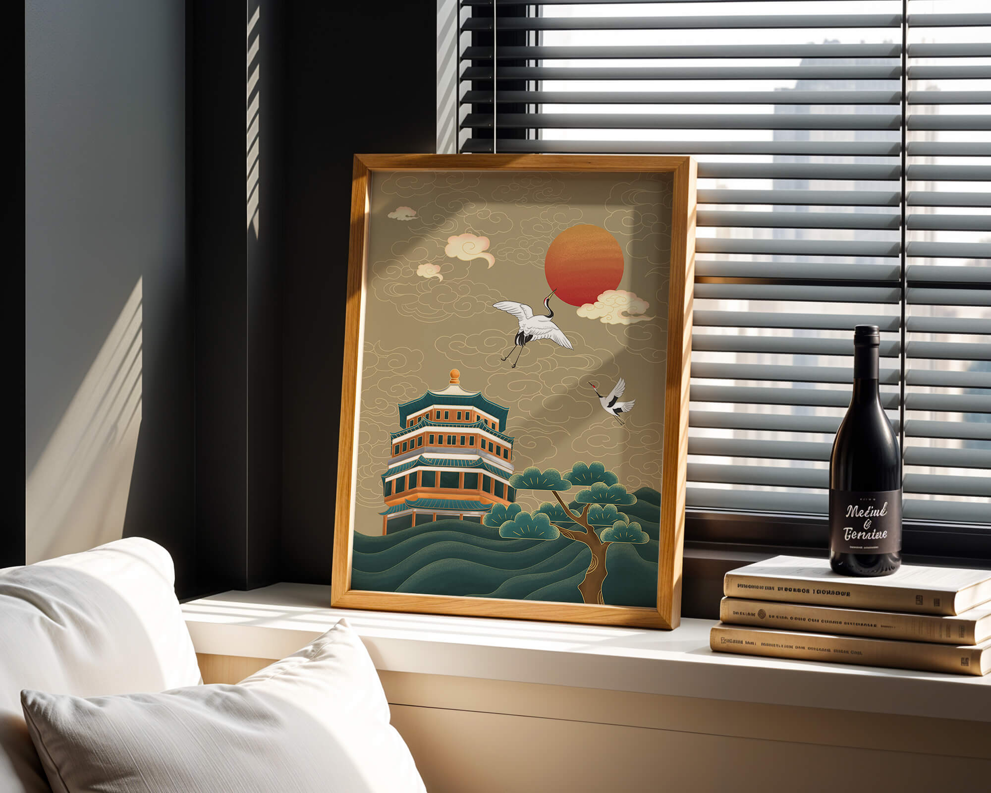 Traditional Asian artwork with cranes and pagoda under a red sun