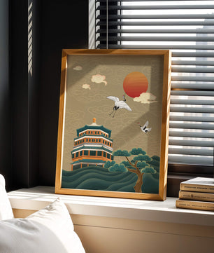 Traditional Asian artwork with cranes and pagoda under a red sun