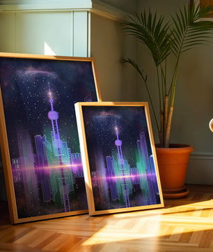 Futuristische Skyline mit leuchtenden Türmen unter sternenklarer Nacht