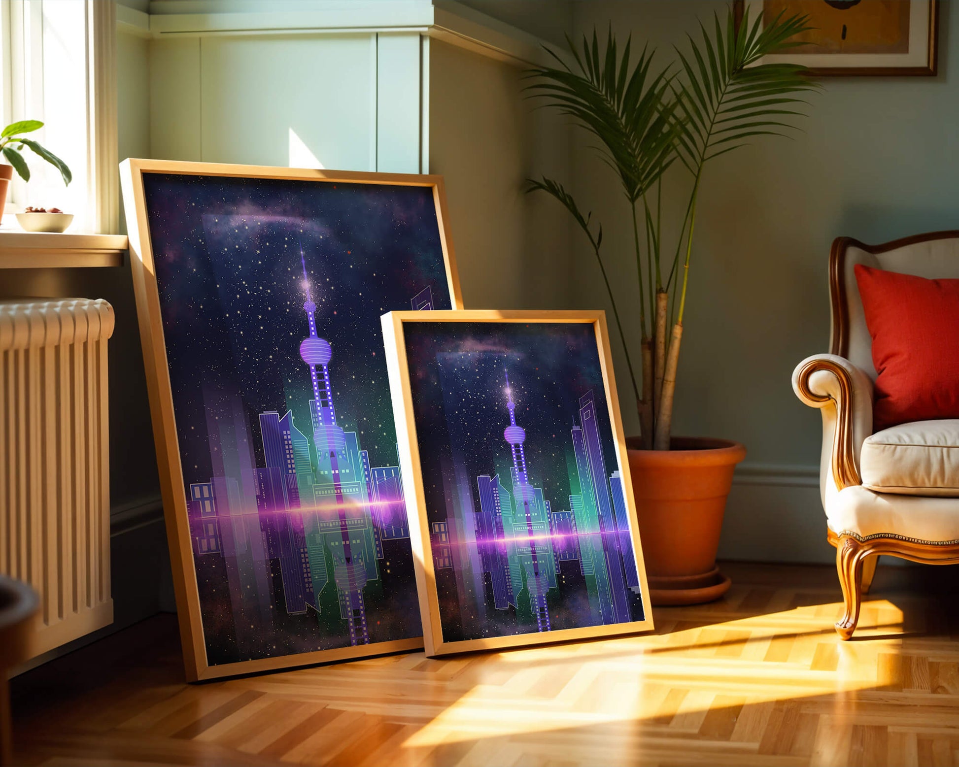 Futuristische Skyline mit leuchtenden Türmen unter sternenklarer Nacht