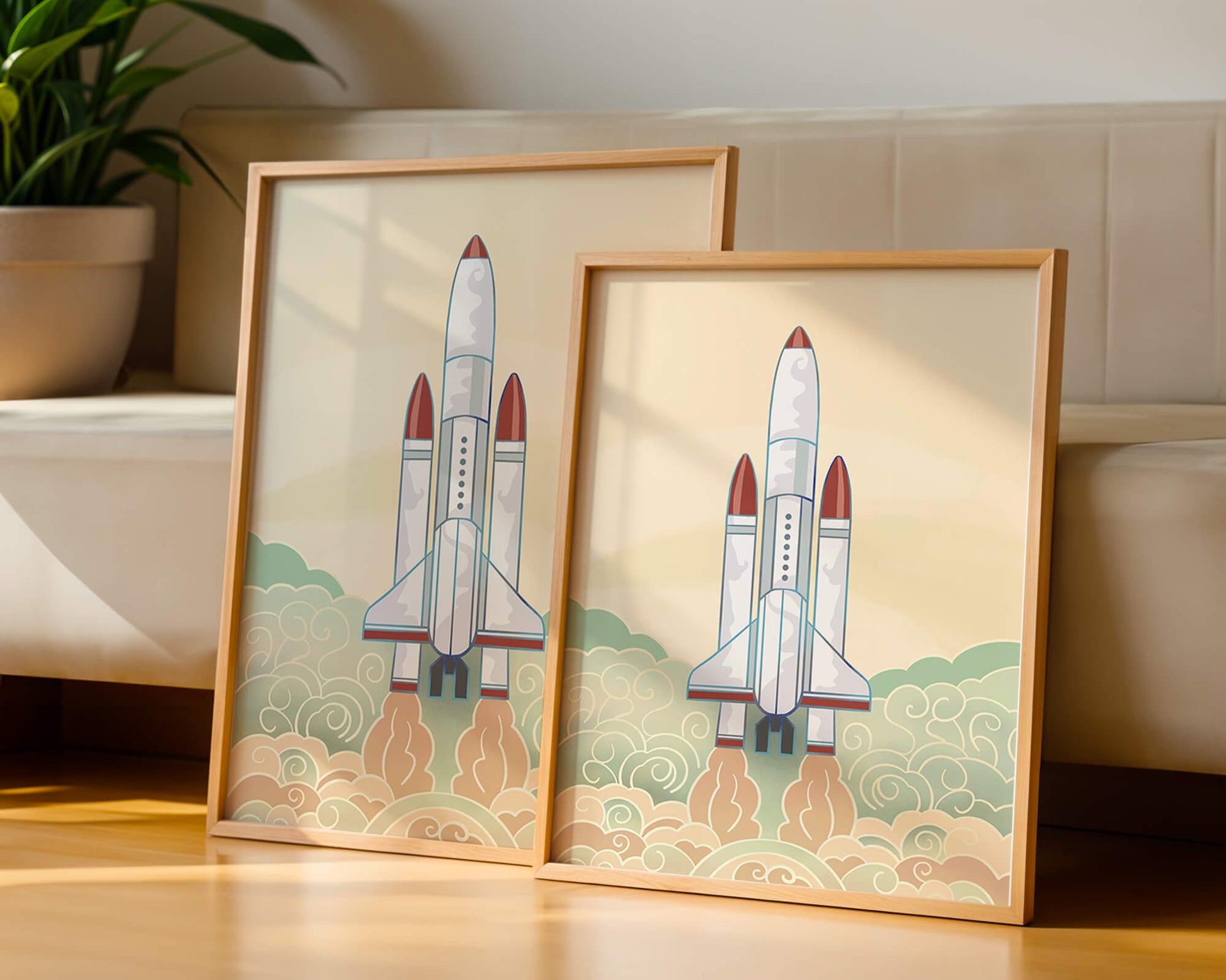 Colorful rocket launch from vintage-style clouds