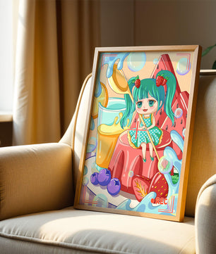 Scène de dessert fantaisiste avec un personnage mignon et des couleurs vives