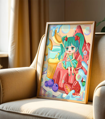 Whimsical dessert scene with cute character and vibrant colors