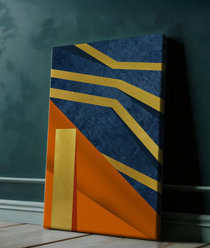 Composición geométrica abstracta con elementos dorados, azules y naranjas