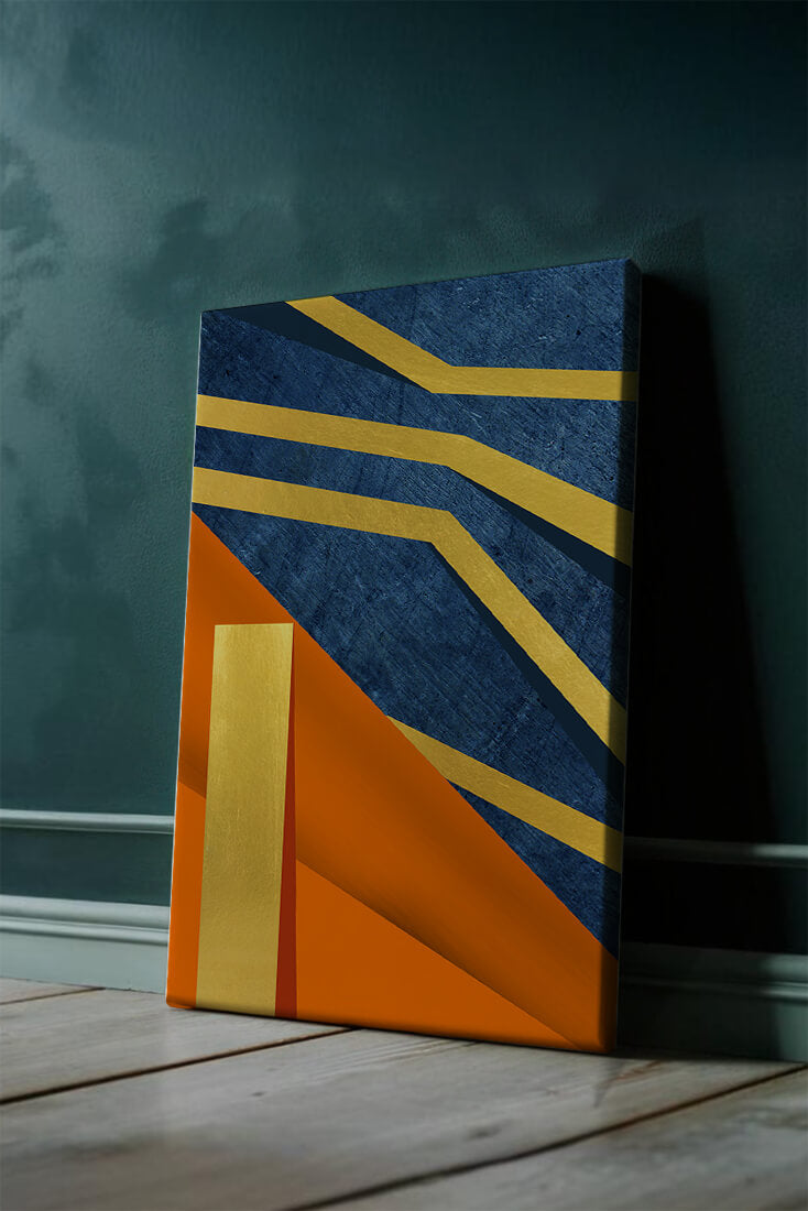 Composición geométrica abstracta con elementos dorados, azules y naranjas