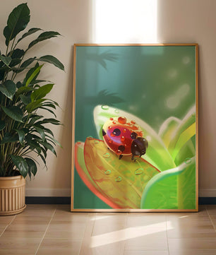 Ladybug on Leaf with Dew Drops in Serene Nature Setting - Mi tienda
