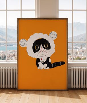 Ilustración de un gato disfrazado de oveja sobre fondo naranja vibrante