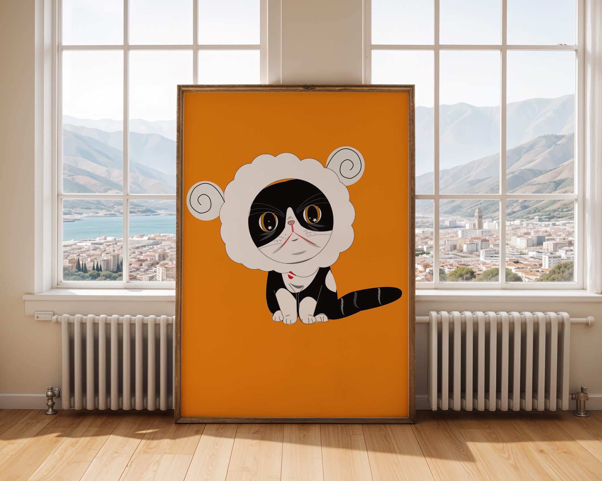 Ilustración de un gato disfrazado de oveja sobre un fondo naranja vibrante