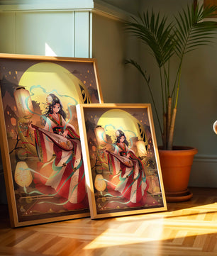Traditional Asian woman playing musical instrument under moonlight