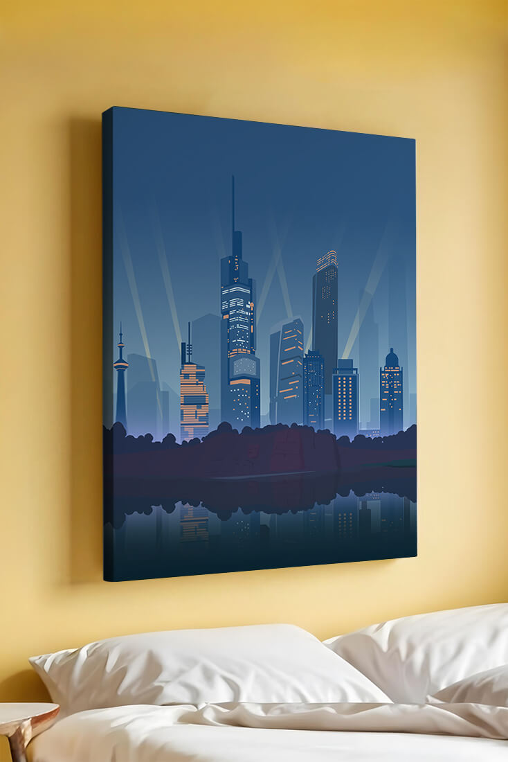 Modern cityscape with illuminated skyscrapers reflecting on water