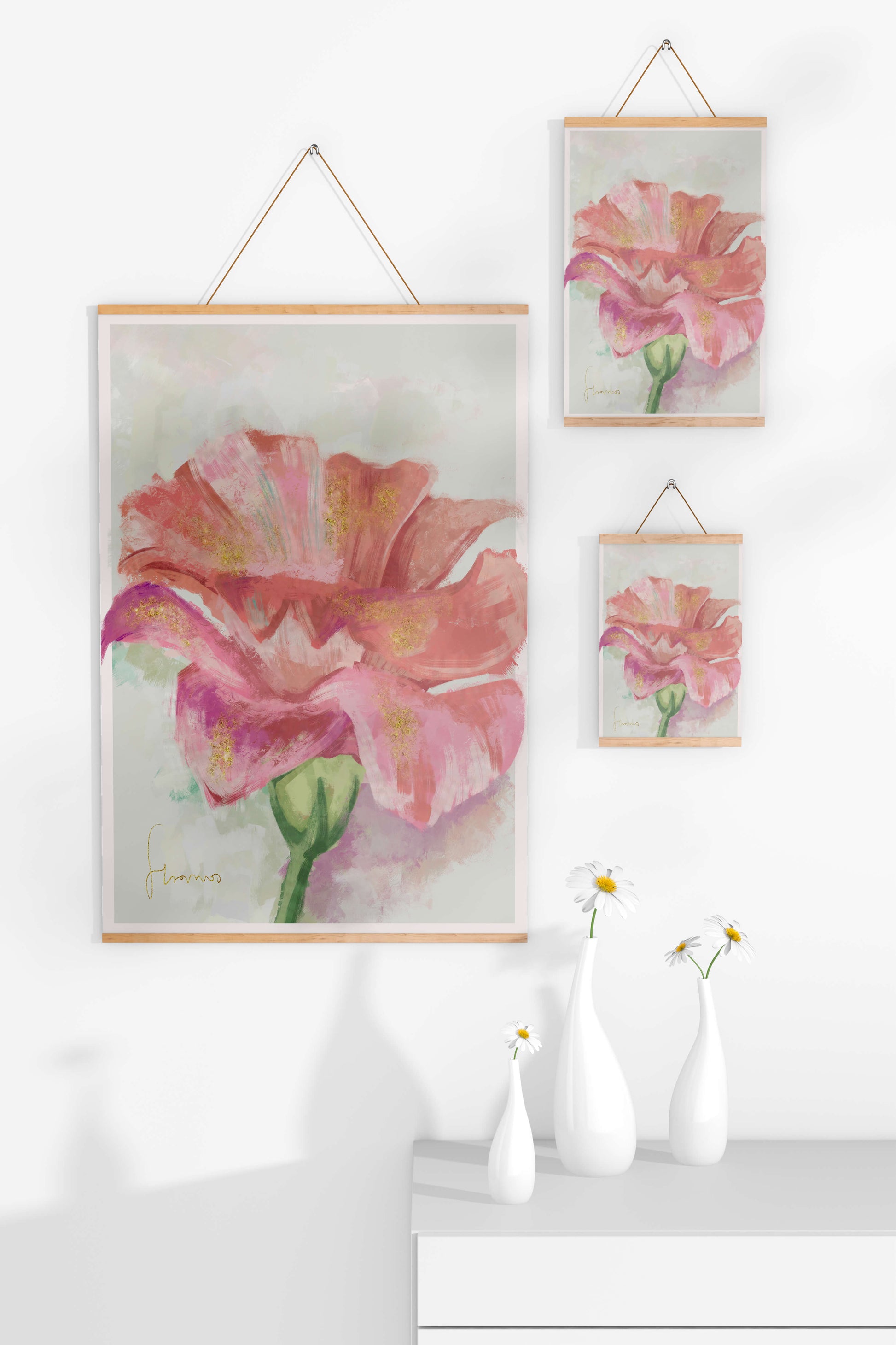 Beautiful pink flower painting with golden accents