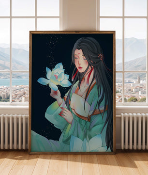 Elegant Woman Holding Glowing Lotus in Tranquil Nightscape