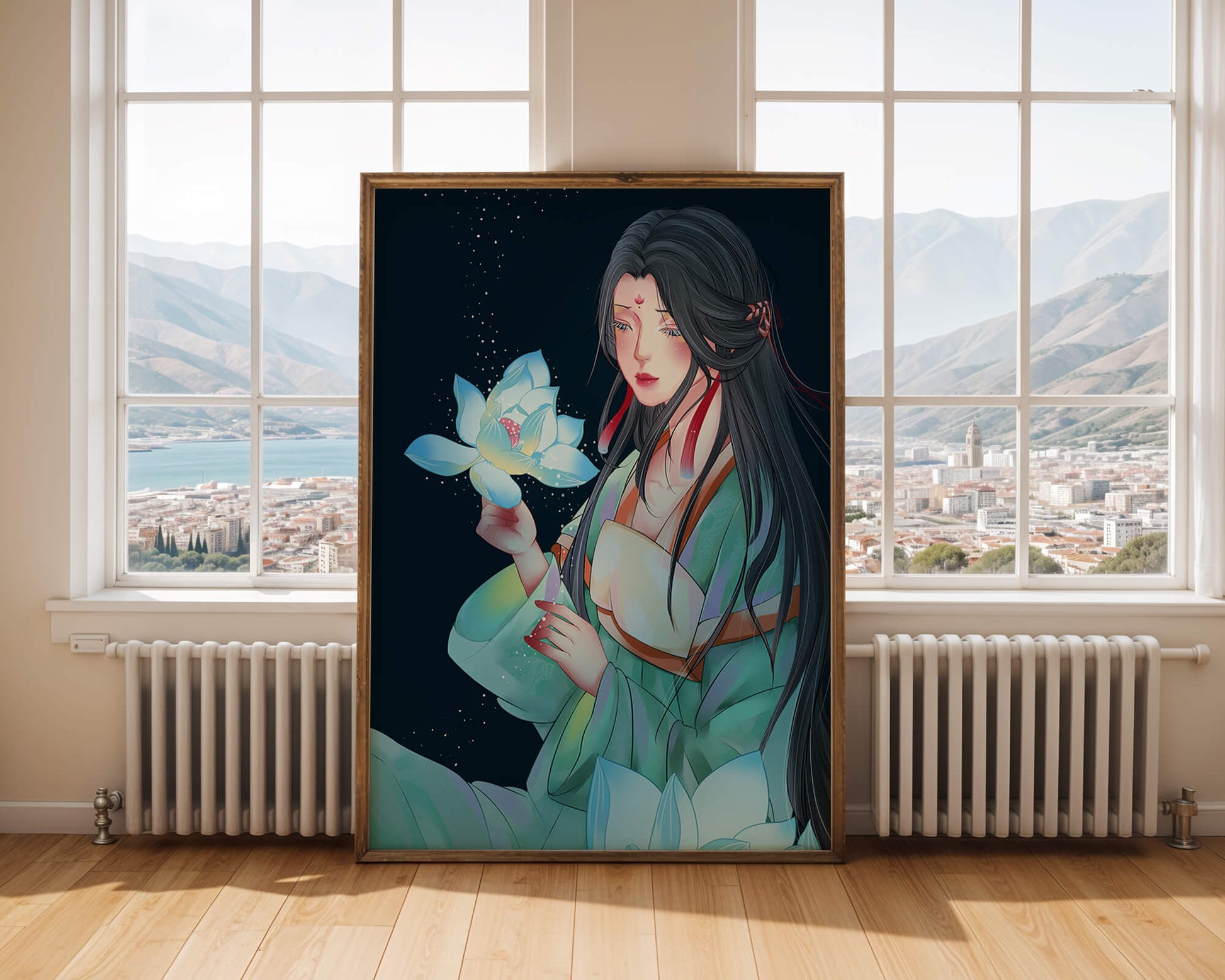 Elegant Woman Holding Glowing Lotus in Tranquil Nightscape
