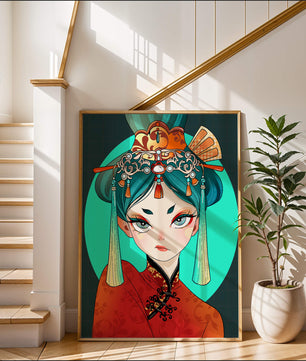 Elegant illustration of a woman in traditional attire with intricate headpiece
