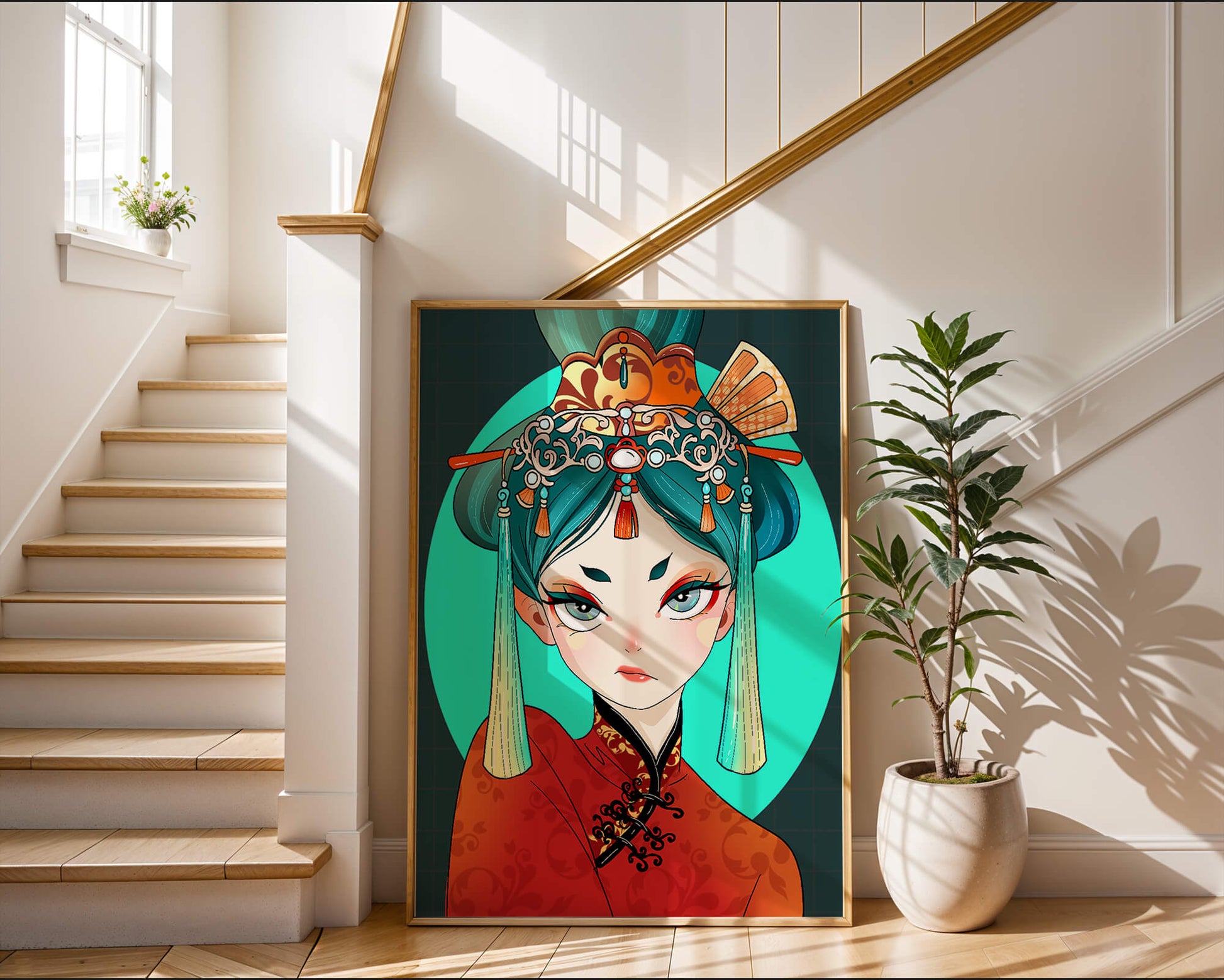 Elegant illustration of a woman in traditional attire with intricate headpiece