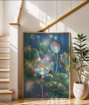 Bunte Lotusblumen mit abstraktem kosmischen Hintergrund